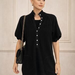 Genera Cashmere | S | black short-sleeved knit henley sweater dress Mini Luxury